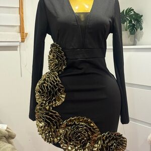 Black Dress with Gold Rosette Accents